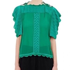 Isabel Marant Etoile Blouse Aurina Green Embroidered Scalloped Crepe Top 34‎ EU